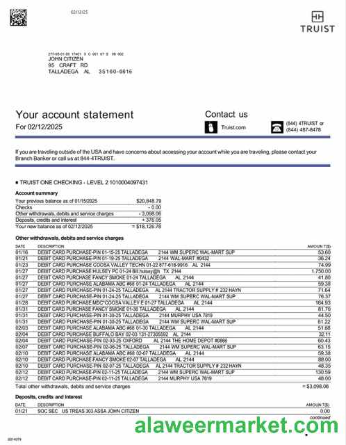 USA Truist Bank account statement Word and PDF template